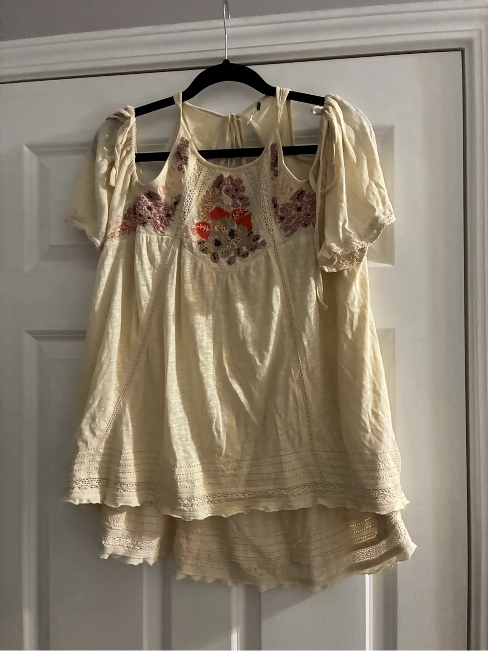 Anthropologie Cream Cold-Shoulder Embroidered Tunic with Pink and Orange Accents